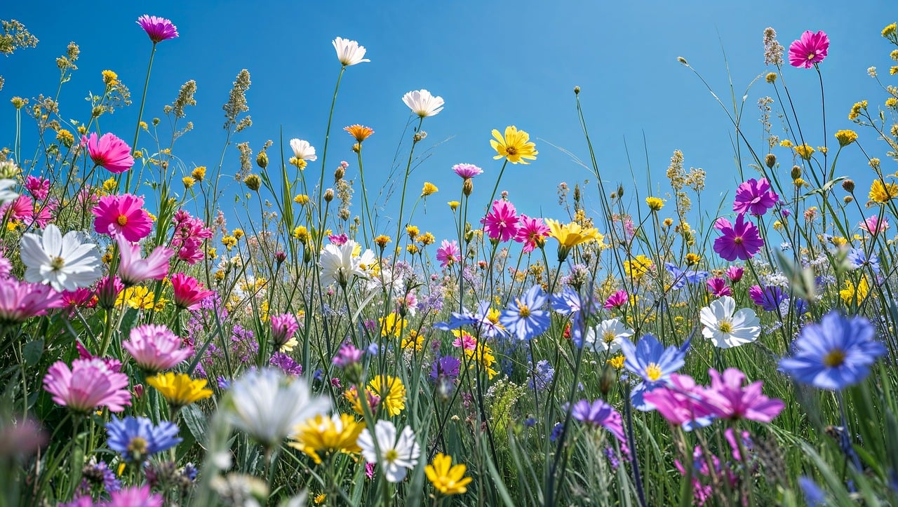 flowers, nature, multicoloured, wildflowers, meadow, grass, blossoms, bloom, spring, ai generated